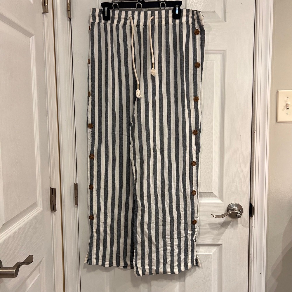 French Laundry Womens Striped Wide Leg Side Button Pants Navy White Large